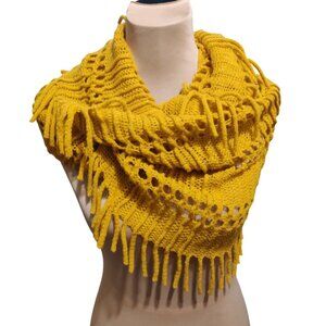 Anna & Ava Mustard Yellow Crochet Fringe Infinity Scarf Open Weave Boho Loop